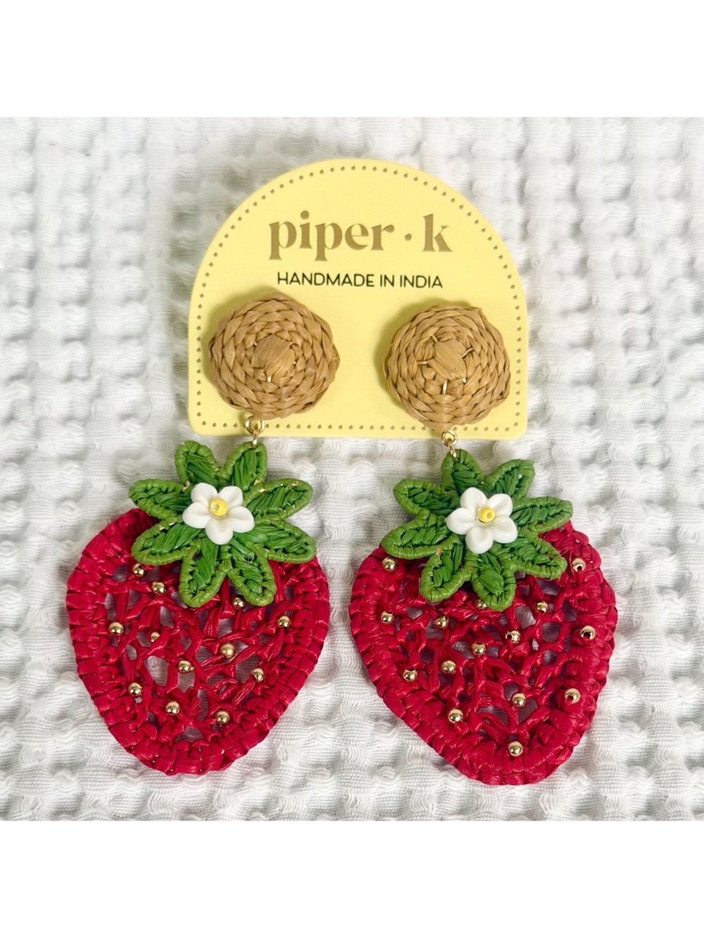 Piper K Strawberry Raffia Dangle Earrings Post Back Nickel Free Boho Summer New